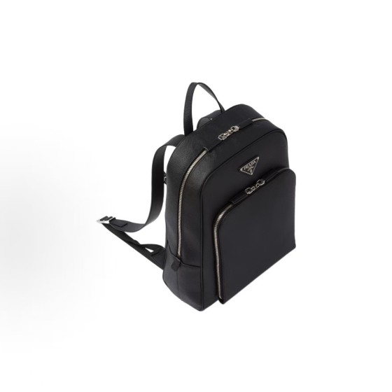 PRADA Saffiano enamel metal triangular logo zipper seal backpack, men\'s black style